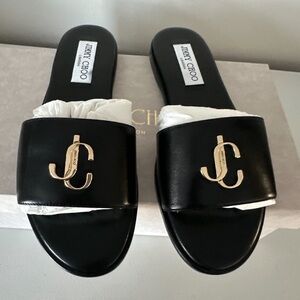 Jimmy Choo London JC Flat Slides Flat Black Leather Sandals 36.5 OKJC/28